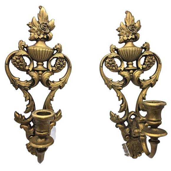 Vintage Syroco Wall Candle Holder Sconce Set of 2 Goldtone Homco 4036 USA - Picture 1 of 16